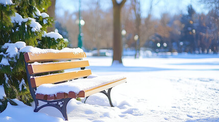 Wall Mural - snow covered park bench in winter scene, surrounded by trees and serene atmosphere. bright sunlight enhances beauty of snowy landscape, creating peaceful winter setting