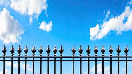 Wall Mural - Elegant decorative iron fence against a vibrant blue sky with wispy clouds showcasing intricate architectural design