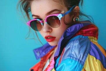 Aufkleber - A woman wearing sunglasses and a colorful jacket, great for lifestyle or fashion photography