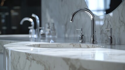 Poster - A modern bathroom setup with two sinks and a large mirror