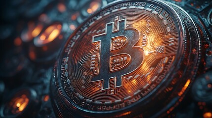Poster - Glowing Bitcoin Cryptocurrency Coin with Circuit Board Design