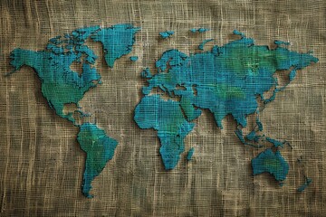 Poster - A vintage-style map of the world printed on burlap cloth, perfect for travel or home decor