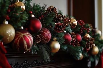 Aufkleber - Decorated Christmas mantel with ornaments and pinecones, perfect for holiday scenes or winter decorations