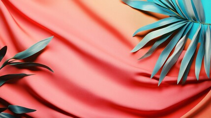 Poster - Tropical green leaves resting on flowing coral and turquoise silk fabric