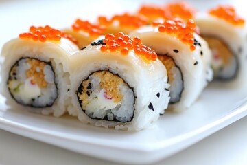 Poster - A plate of sushi topped with red caviar, perfect for food or luxury photography