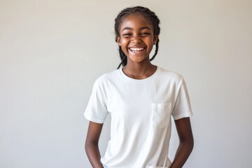 Wall Mural - A woman stands with hands in her pockets wearing a white t-shirt