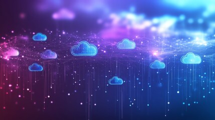 Fototapete - A digital representation of the cloud, with blue cloud icons floating against a background of blue and purple hues and lines of light.