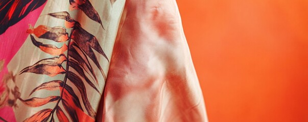 Poster - Colorful silk fabric showing tropical leaves pattern hanging on orange background