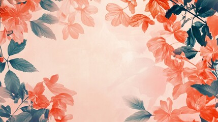 Aufkleber - Floral background creating a delicate frame with living coral color flowers and turquoise leaves