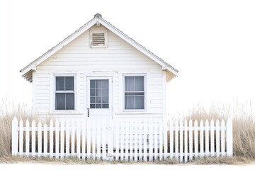 Poster - A small white house with a white picket fence in a quiet neighborhood