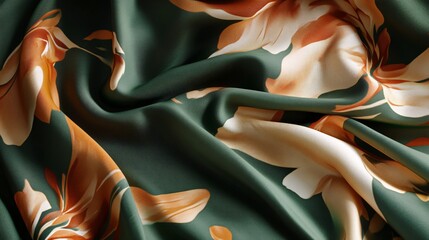 Aufkleber - Green silk fabric with orange floral print flowing gently