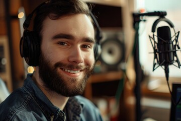 Poster - A man with a beard wearing headphones in front of a microphone, ready to record or perform