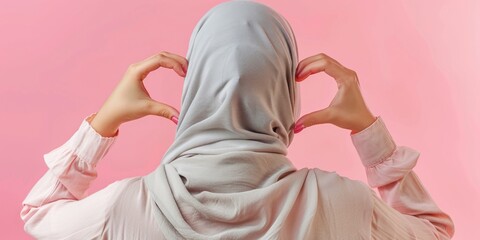 Poster - A woman in a hijab forming a heart symbol with her hands, suitable for Valentine's Day or general love theme use
