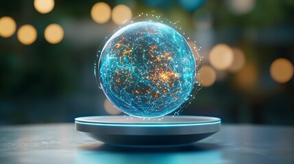 Poster - A glowing, floating sphere with shimmering particles, set against a soft bokeh background, creating a futuristic and magical effect.