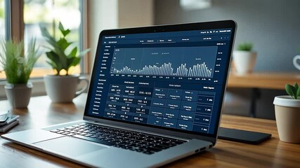 Poster - Laptop displaying analytical dashboard in a modern workspace with plants and coffee
