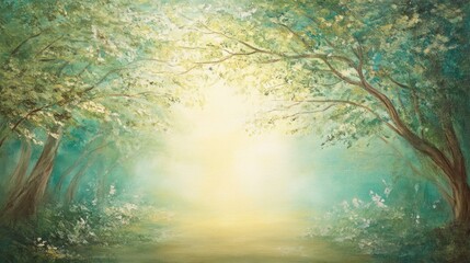 Aufkleber - Luminous Forest Canopy Bathed in Soft Light with Vibrant Green Leaves Creating a Serene Atmosphere on a Tranquil Day