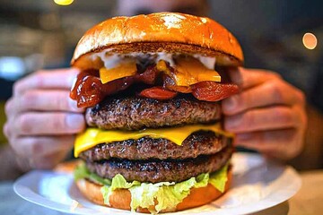 Poster - Freshly prepared burger with crispy bacon, crunchy lettuce, and melted cheese on a toasted bun