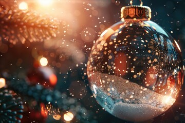 Poster - A detailed view of a Christmas ornament on a tree branch, perfect for holiday designs and decorations