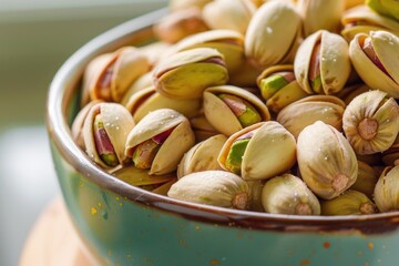 Poster - A bowl of pistachios placed on a wooden table with a rustic background
