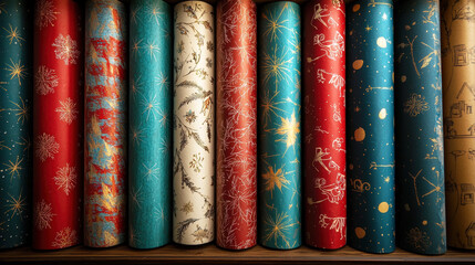 Poster - A vibrant selection of holiday wrapping paper rolls featuring various patterns and colors, neatly arranged on a wooden shelf