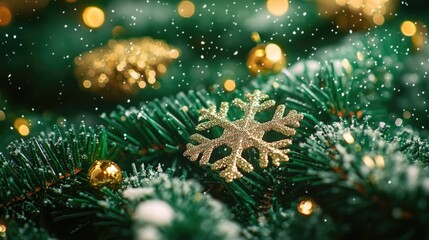 A close-up of a delicate snowflake on a Christmas tree branch