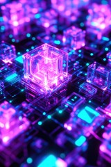 Poster - A group of glowing cubes sit on top of a computer keyboard, illuminated in the dark