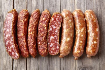 Poster - A group of sausages sit on top of a wooden table, ready to be served or used in various dishes