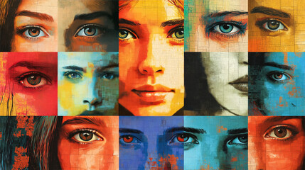 Poster - A captivating arrangement of female faces displaying various eye colors and expressions, emphasizing the diversity of beauty in art