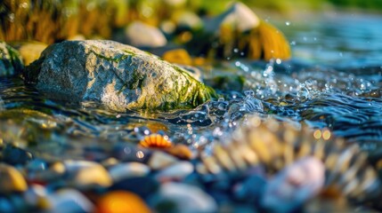 Poster - A detailed view of a rock partially submerged in water