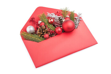 Poster - A vibrant red envelope showcases an assortment of holiday decorations like ornaments, pine leaves, and pine cones for a festive feel
