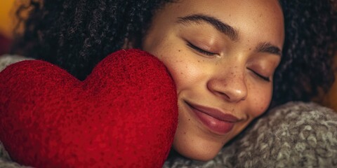 Poster - A woman with her eyes closed holds a red heart, a symbol of love and affection