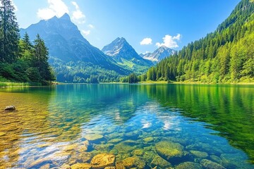 Wall Mural - A serene lake surrounded by lush green trees and majestic mountains