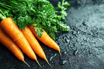 Poster - A bunch of freshly picked carrots with bright orange roots and green tops lays on a wet, dark surface, showcasing their freshness