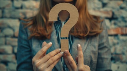 Poster - A woman holds a cardboard question mark in front of her face, conveying confusion and uncertainty