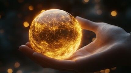 Fototapete - The image captures a glowing orb of light resting in an open hand, symbolizing advanced technology and connectivity.