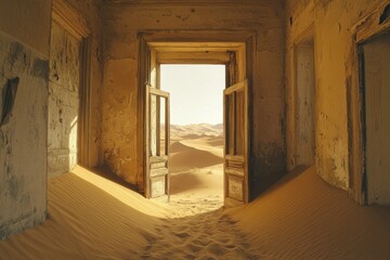 Poster - A worn wooden door creaks open revealing a vast desert landscape