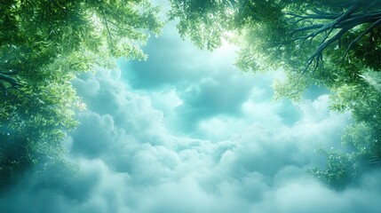Aufkleber - Lush Green Forest Suspended in Air With Ethereal Light Shining Through Vibrant Canopies