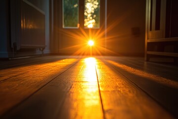 Poster - A wooden floor with a bright and warm sunlight shining down, perfect for various interior design or architectural contexts