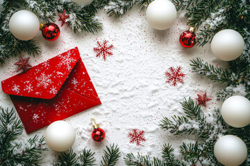 Poster - A festive holiday display showcases a red envelope surrounded by white ornaments, snowflakes, and pine branches, capturing winter cheer