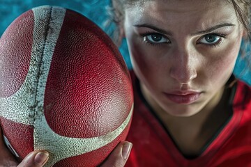 Aufkleber - A woman holds a football in front of her face, an interesting and playful pose