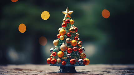 Poster - Tiny Christmas Tree toy on the table. Symbol of winter holidays with bokeh lights.