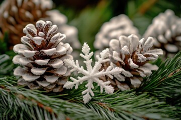 Poster - A cluster of pine cones resting on the branches of a tall pine tree