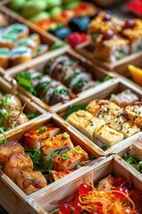 Aufkleber - A wooden box filled with various types of food, perfect for kitchen or dining use
