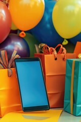 Poster - A cell phone sits on a table surrounded by colorful balloons