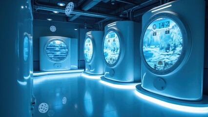 Poster - Futuristic Laboratory Storage Units with Digital Displays and Bright Blue Lighting in a Modern Research Facility Setting