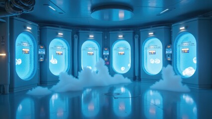 Poster - Futuristic Laboratory with Storage Pods Emitting Blue Light Surrounded by Mist and Cloud Illustrating Advanced Technology and Innovation in Science