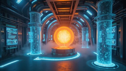 Poster - Futuristic Laboratory with Energy Conversion Technology Featuring a Glowing Sphere and Neon Pipes in a Modern Digital Environment
