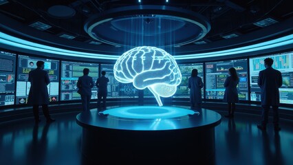 Poster - Futuristic Research Center Focused on Brain Science with Advanced Technology and Data Visualization in a High-Tech Environment