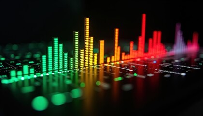 Poster - Colorful audio equalizer bars in neon lights on a reflective surface, concept of music and sound visualization