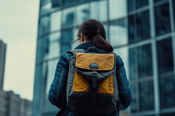 Poster - A woman with a backpack walking down the street in front of a tall city building